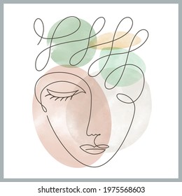 Abstract poster with minimal woman face. Woman portrait in modern abstract style. Contemporary one line drawing design for women's day card, banner, textile print, social media concept, flyer.