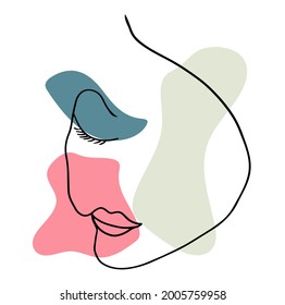 Abstract poster with minimal woman face. Abstract Woman face illustration, Girls silhouette. One line drawing. Vector card in minimalistic style. Continuous line. Modern Design concept.