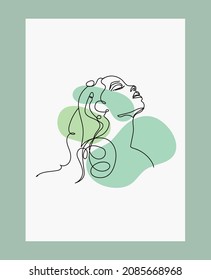 Abstract poster with minimal woman face and beauty hair, one line drawing style.
