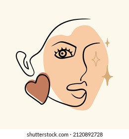 Abstract poster with minimal woman face. One line drawing style. Doodle design element