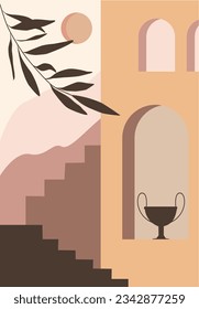 Abstract poster. Minimalistic boho print. Old Town style. Abstract postcards with elements of Moroccan architecture. Modern aesthetic illustration with geometric urban landscape, stairs, vases.