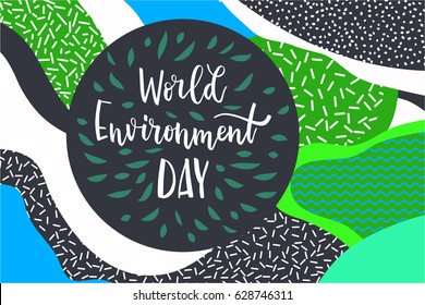 Abstract poster. Modern style trends. Vector illustration. Blend of abstract, vaguely organic shapes.  1980 - 90s style. World environment day lettering Inscription background. Vector illustration.