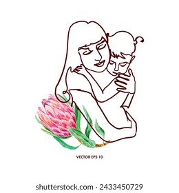 Abstract poster of mother and child, flower, one line art. Vector illustration. Banners, cards for Mothers Day, invitations, covers, certificates.