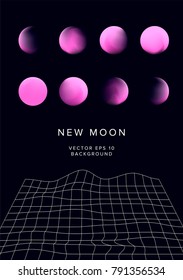 Abstract poster with motion keyframes of  rising new moon. 