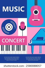 Abstract poster for music concert  with musical instruments.. Vector modern backgrounds. Poster for a summer live music .  Template design. Drawing for event background and card.