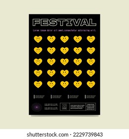 Abstract poster for a music festival with a pattern of smiling hearts. Minimalistic rave artwork.