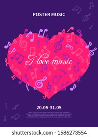 Abstract Poster Music. Vector concept, I love music. layout with flying notes and pink heart On ultra violet background.