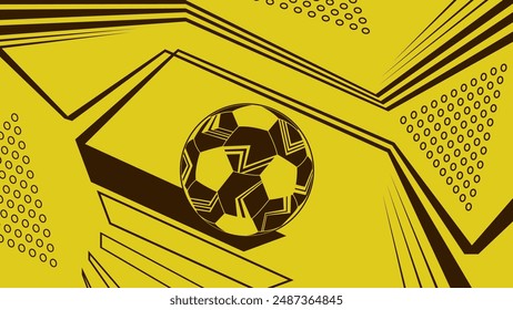 Abstract poster on a golden background, soccer ball with a pattern. Dynamic geometry with intersecting lines. Pop art template, banner, desktop wallpaper. Hand drawn vector illustration.