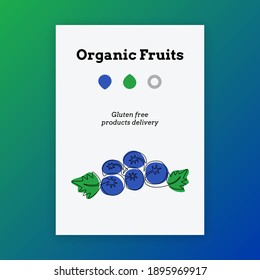 Abstract poster with one line blueberries. Creative graphic design for logo, banner, farm concept. Template layout with text and berry