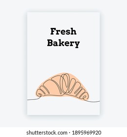 Abstract poster with one line croissant. Hand drawn art french breakfast theme for logo, banner. Minimalist vector illustration