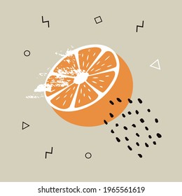 Abstract poster with orange. Contemporary art. Abstract elements, citrus fruits for social networks, cards, prints. Memphis style orange
