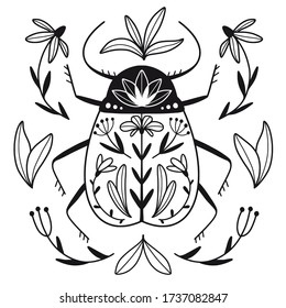 Abstract poster with outline floral bug.  Folk art ornament beetle. Black decorative insect with leaves and flowers. Monochrome print design for card, t-shirt. Vector hand drawn line art illustration