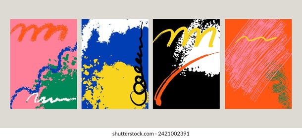 Abstract poster. Paint stains and blobs vertical background, colorful banner. Social media post. Art graphic design. Bright brushstrokes and minimalistic line. Vector contemporary set