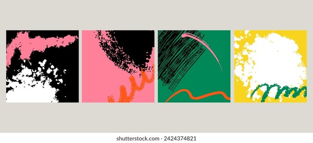Abstract poster. Paint stains and blobs square background, colorful banner . Social media post. Art graphic design. Bright brushstrokes and minimalistic line. Vector contemporary set