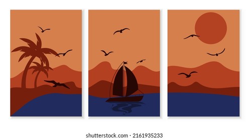 Abstract poster, painting, art with sea, yacht, palm trees, seagulls and mountains at sunset. Vector stock illustration.