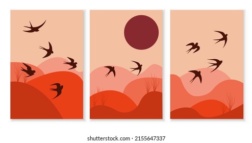 Abstract Poster, Painting, Art With Summer Sunset Landscape And Flying Birds. Vector Stock Illustration.