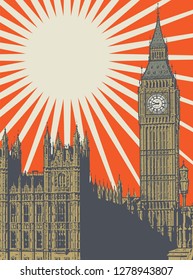 Abstract poster with Palace of Westminster and Elizabeth Tower - famous London Landmark, vector illustration