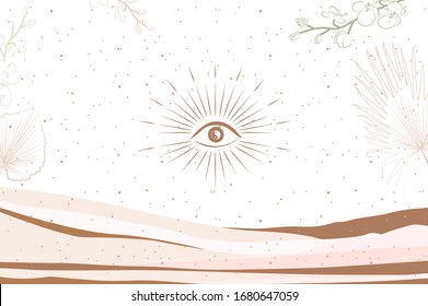 Abstract poster with palm leaf. flowers, evil eye and abstract landscape in one line style. Background for social media minimalistic style. Vector illustration.