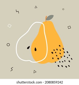 Abstract poster with pear. Contemporary art. Abstract elements, fruits for social networks, cards, prints. Memphis style pear. Vector illustration
