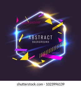 Abstract poster for the placement of text and information. Geometric shapes and neon glow against a dark background.