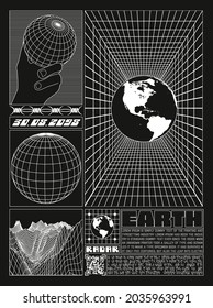 Abstract poster of planet earth. Acid Graphic style, 3D grid spheres, Text design, Isolated on black background
