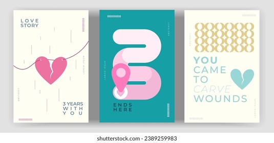 Abstract poster. in a relationship with someone for 3 years. ended in disappointment. cracked heart symbol. rope. road. location. soft color. 3 set collection. vector illustration