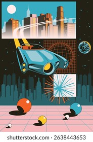 Abstract Poster Retro Future Lifestyle. 1950s Atomic Car, Day and Night Cityscape, Abstract Dimensions, Geometric Shapes, Vintage Colors