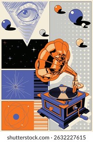 Abstract Poster with Retro Gramophone and Vinyl Record, Geometric Shapes, Space Background, 1970s Color Combination