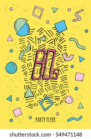 Abstract poster retro style  80s with objects geometric shapes. Trendy colorful background.