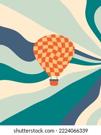 Abstract poster in retro style with hot air balloon on wavy sky background. Perfect print for T-shirt, postcard, sticker, banner. Vector illustration.


