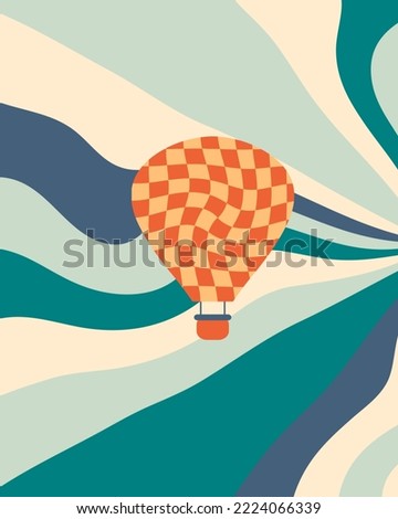 Abstract poster in retro style with hot air balloon on wavy sky background. Perfect print for T-shirt, postcard, sticker, banner. Vector illustration.


