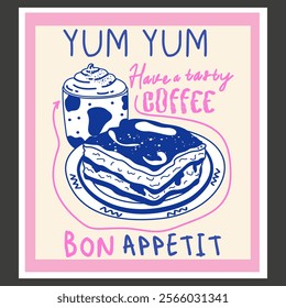 Abstract poster in retro style for the kitchen and cafe. Vintage hand drawn illustration of breakfast food and coffee. Art for poster design, wall decor, background, prints. Modern text