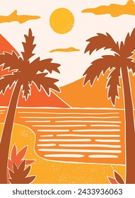 Abstract poster of sea side landscape with palm trees, sun and mountains. Good for posters, banners, greeting cards, prints, invitations, wallpaper, background. EPS 10