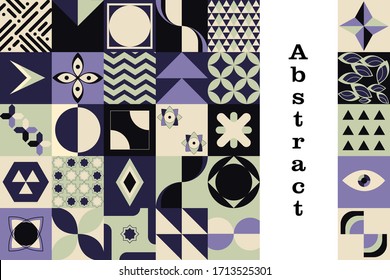 Afiche abstracto, patrón impecable en colores oscuros pastel. Diseño neométrico moderno con cuadrados y formas geométricas. Fondo geométrico en estilo avangarde.