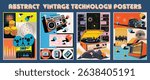 Abstract Poster Set. 1920s, 1950s, 1980s Style. Retro Car, Retro Radio, Vinyl and Cassette Recorders, Bobbins, Coins, Cityscape, Abstract Objects and Vintage Colors