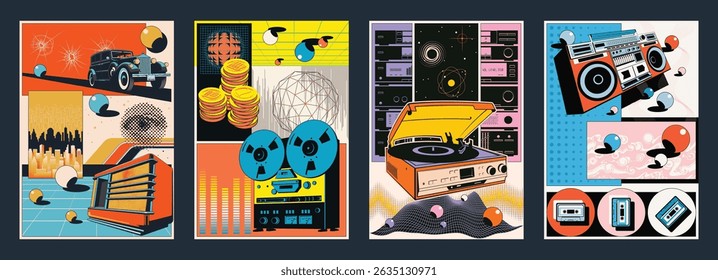 Abstract Poster Set. 1920s, 1950s, 1980s Style. Retro Car, Retro Radio, Vinyl and Cassette Recorders, Bobbins, Coins, Cityscape, Abstract Objects and Vintage Colors