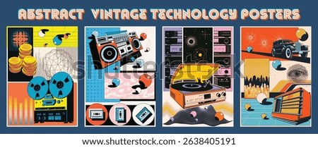 Abstract Poster Set. 1920s, 1950s, 1980s Style. Retro Car, Retro Radio, Vinyl and Cassette Recorders, Bobbins, Coins, Cityscape, Abstract Objects and Vintage Colors
