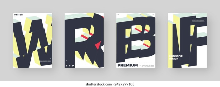 Abstract poster set, colorful cover design collection. Vertical A4 format. Refraction and distorted 3d letter. Chopped, cut, glitch, broken type composition.