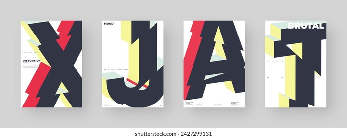 Abstract poster set, colorful cover design collection. Vertical A4 format. Refraction and distorted 3d letter. Chopped, cut, glitch, broken type composition.