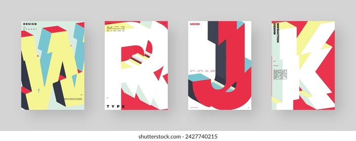 Abstract poster set, colorful cover design collection. Vertical A4 format. Refraction and distorted 3d letter. Chopped, cut, glitch, broken type composition.