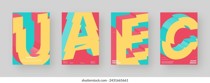 Abstract poster set, colorful cover design collection. Vertical A4 format. Refraction and distorted 3d letter. Chopped, cut, glitch, broken type composition.	