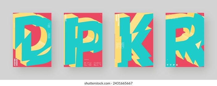 Abstract poster set, colorful cover design collection. Vertical A4 format. Refraction and distorted 3d letter. Chopped, cut, glitch, broken type composition.	