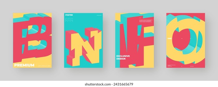 Abstract poster set, colorful cover design collection. Vertical A4 format. Refraction and distorted 3d letter. Chopped, cut, glitch, broken type composition.	