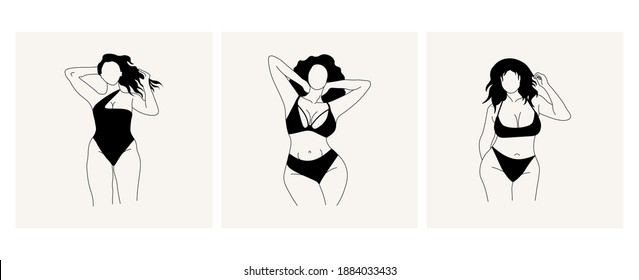 Abstract poster set with faceless curvy ladies, hand drawn elegant art. Outline body parts. Beautiful bodies, trendy fashion illustrations