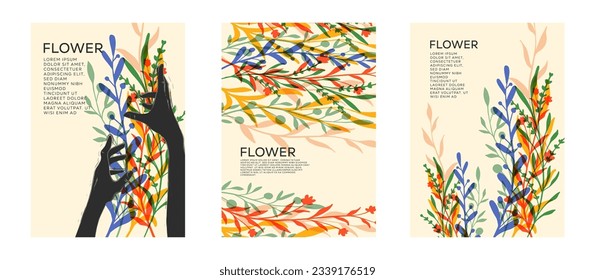 Abstract poster set flowers and branches pattern, events and page cover, artistic colorful plant, templates suitable for poster