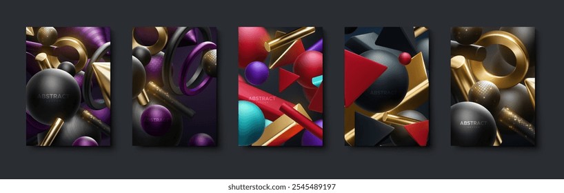 Abstract poster set with geometric 3d shapes. Placard for flyer design in vertical A4 format. Vector 3d illustration. Abstract 3d backgrounds. Abstract geometric art banner design