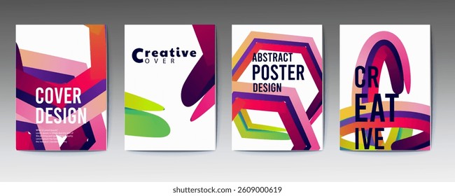 abstract poster, set, Abstract gradient poster background vector set. Minimalist style cover template with vibrant perspective 3d geometric prism shapes collection, social media, cover, banner, flyer.