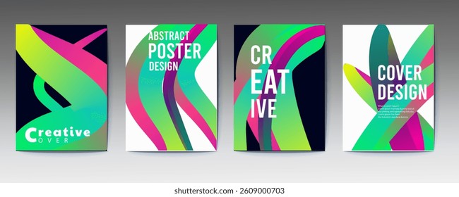 abstract poster, set, Abstract gradient poster background vector set. Minimalist style cover template with vibrant perspective 3d geometric prism shapes collection, social media, cover, banner, flyer.