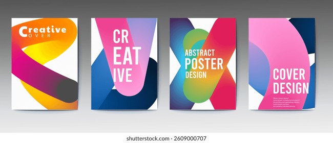abstract poster, set, Abstract gradient poster background vector set. Minimalist style cover template with vibrant perspective 3d geometric prism shapes collection, social media, cover, banner, flyer.