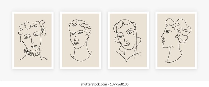 Abstract poster set. Matisse inspired hand drawn contemporary portraits for print wall art decor mid-century style. Creative vector art